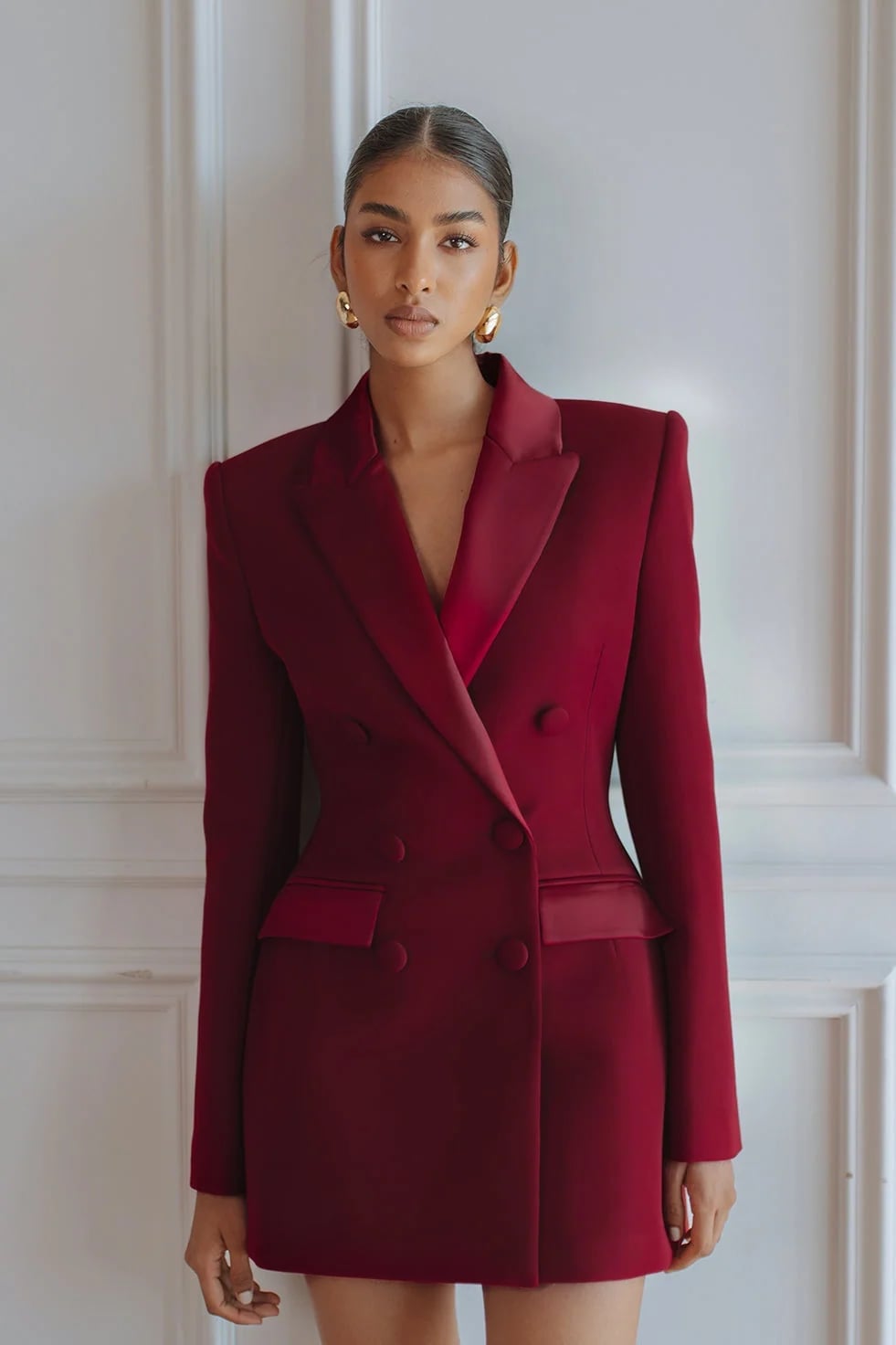 Burgundy Blazer Dress with Satin Lapels and Gold Hoop Earrings Burgundy Blazer Dress with Satin Lapels and Gold Hoop Earrings — Elegant Burgundy Dress Outfit