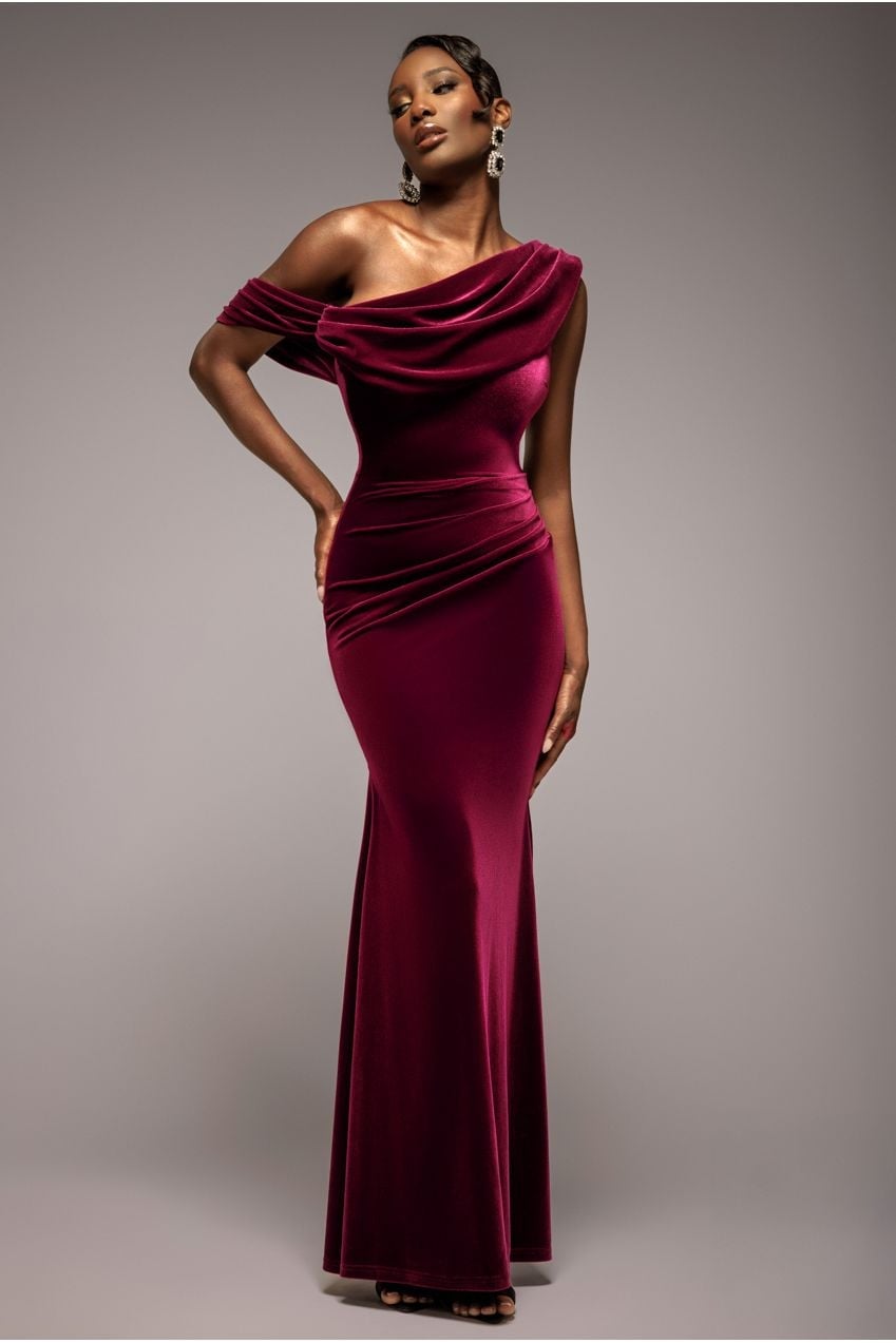 Burgundy Velvet Maxi Dress with Cowl Neckline Burgundy Velvet Maxi Dress with Cowl Neckline — Elegant Burgundy Dress Outfit