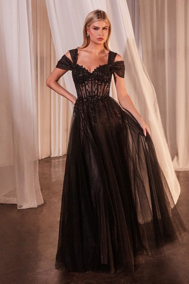 Black Corset Dress with Off-Shoulder Neckline and Beaded Tulle Overlay Black Corset Dress with Off-Shoulder Neckline and Beaded Tulle Overlay — Elegant Corset Dresses