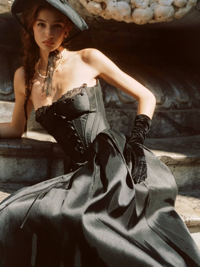 Black Satin Corset Dress with Lace Trim and Front Lacing Black Satin Corset Dress with Lace Trim and Front Lacing — Elegant Corset Dresses