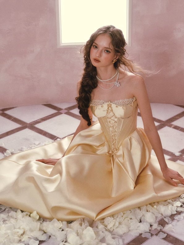 Pale Yellow Satin Corset Dress with Lace Trim and Full Skirt Pale Yellow Satin Corset Dress with Lace Trim and Full Skirt — Elegant Corset Dresses