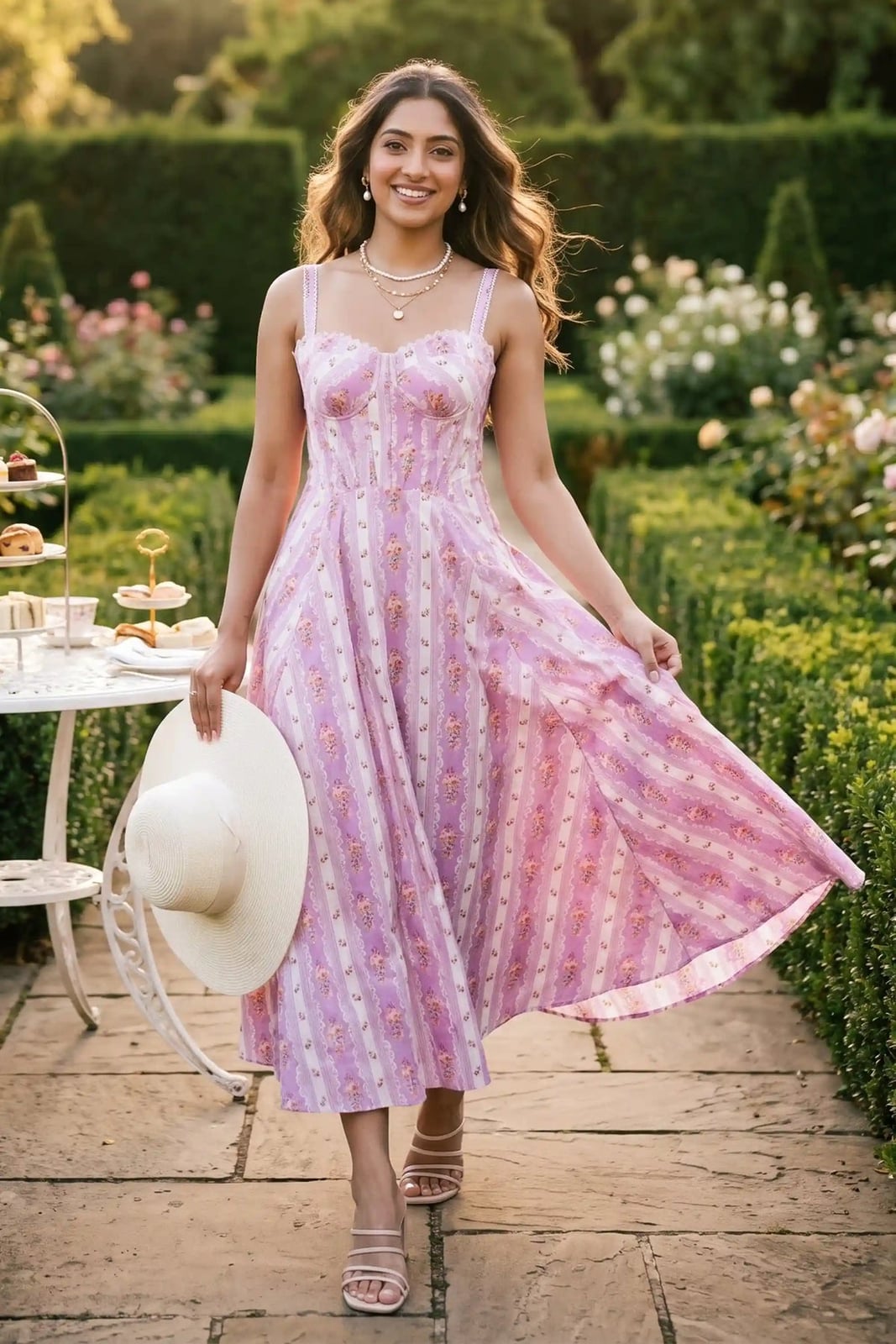 Lilac and White Striped Floral Corset Midi Dress Lilac and White Striped Floral Corset Midi Dress — Elegant Corset Dresses