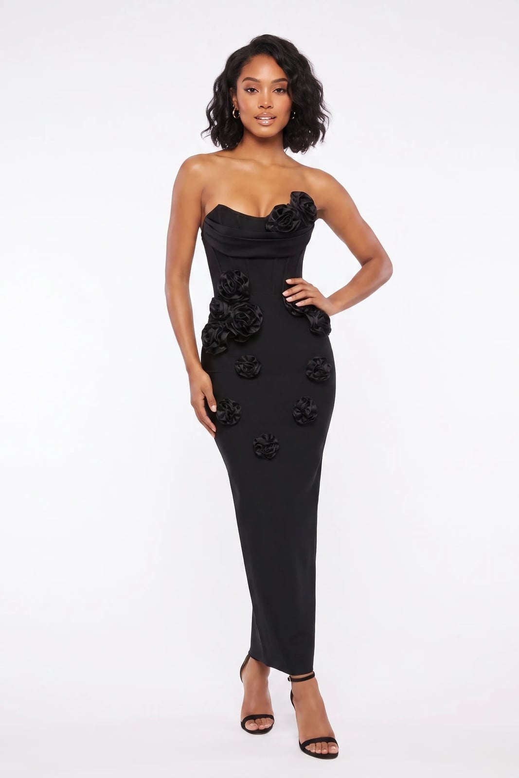 Black Strapless Corset Dress with 3D Fabric Rosettes, Close-Up Take Black Strapless Corset Dress with 3D Fabric Rosettes, Close-Up Take — Elegant Corset Dresses