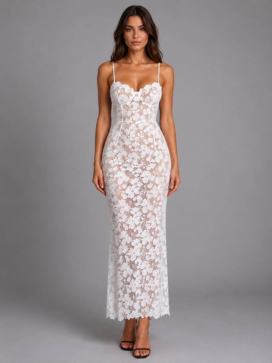 White Lace Corset Dress with Spaghetti Straps, Close-Up Take White Lace Corset Dress with Spaghetti Straps, Close-Up Take — Elegant Corset Dresses