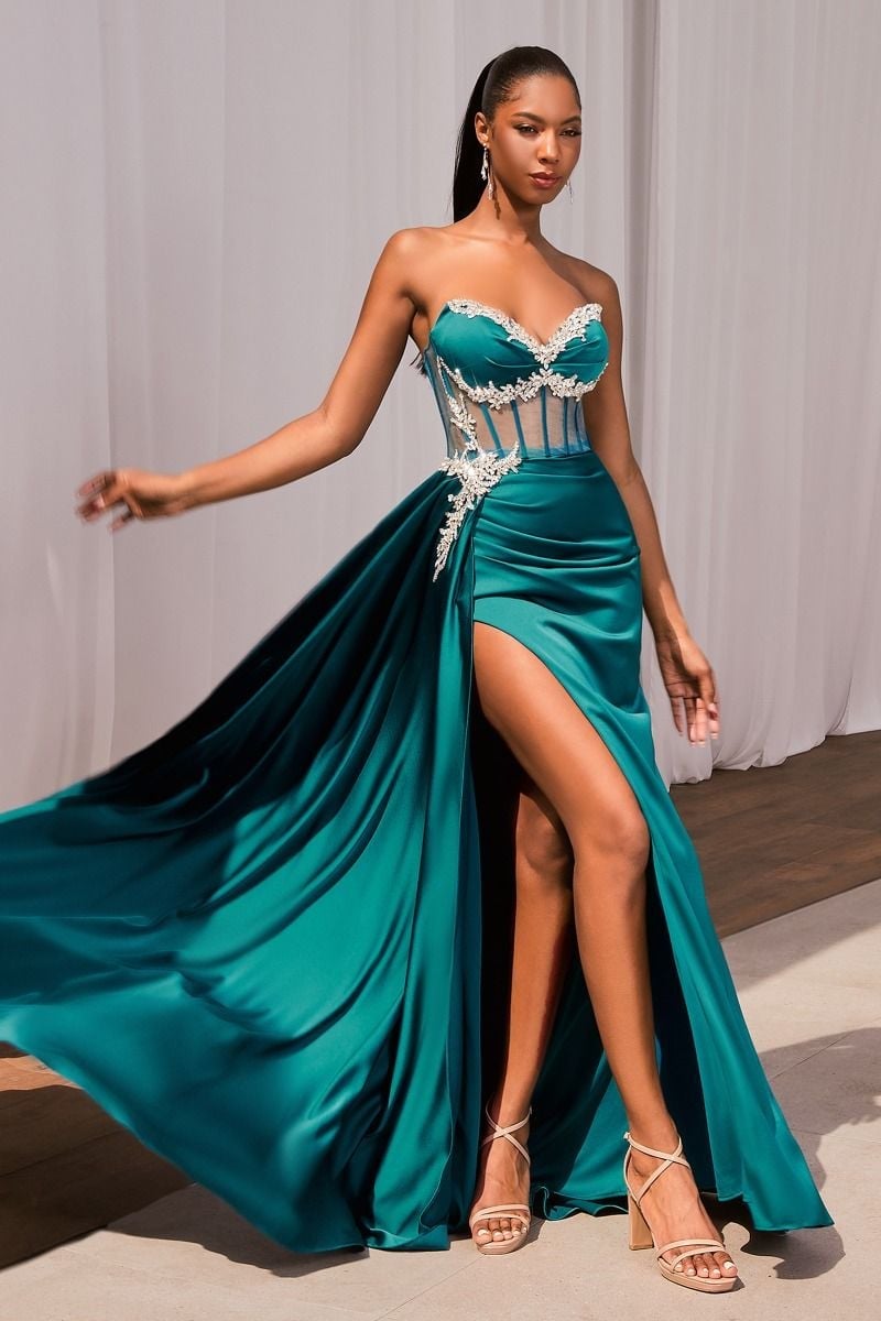 Teal and Gold Satin Corset Dress with Beaded Bodice and High Slit Teal and Gold Satin Corset Dress with Beaded Bodice and High Slit — Elegant Corset Dresses