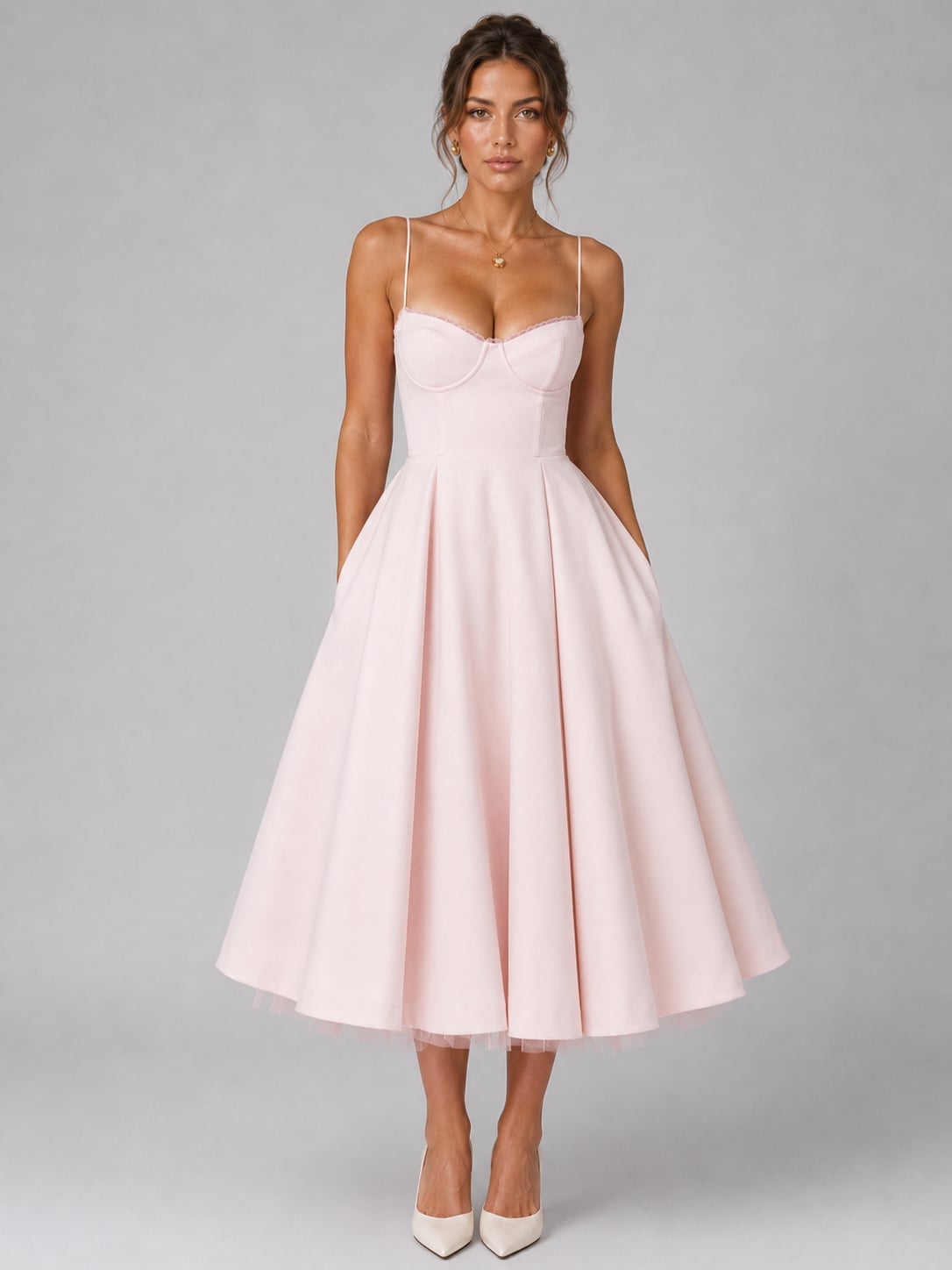 Pale Pink Corset Midi Dress with Sweetheart Neckline and Full Skirt Pale Pink Corset Midi Dress with Sweetheart Neckline and Full Skirt — Elegant Corset Dresses