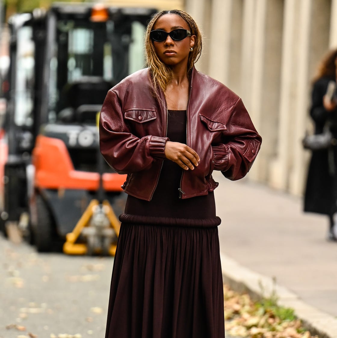 Burgundy Leather Jacket Over Tiered Dress Burgundy Leather Jacket Over Tiered Dress — Elegant Dark Outfits
