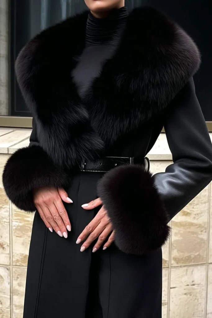 Black Coat with Oversized Fur Collar and Cuffs Black Coat with Oversized Fur Collar and Cuffs — Elegant Dark Outfits