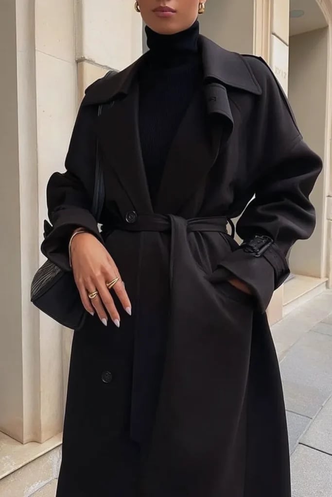 Belted Black Trench Coat Over a Turtleneck Belted Black Trench Coat Over a Turtleneck — Elegant Dark Outfits