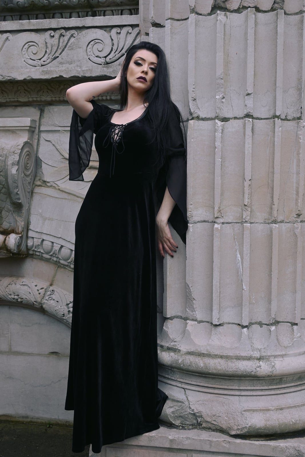 Long Velvet Maxi Dress with Flowing Bell Sleeves Long Velvet Maxi Dress with Flowing Bell Sleeves — Elegant Gothic Outfits