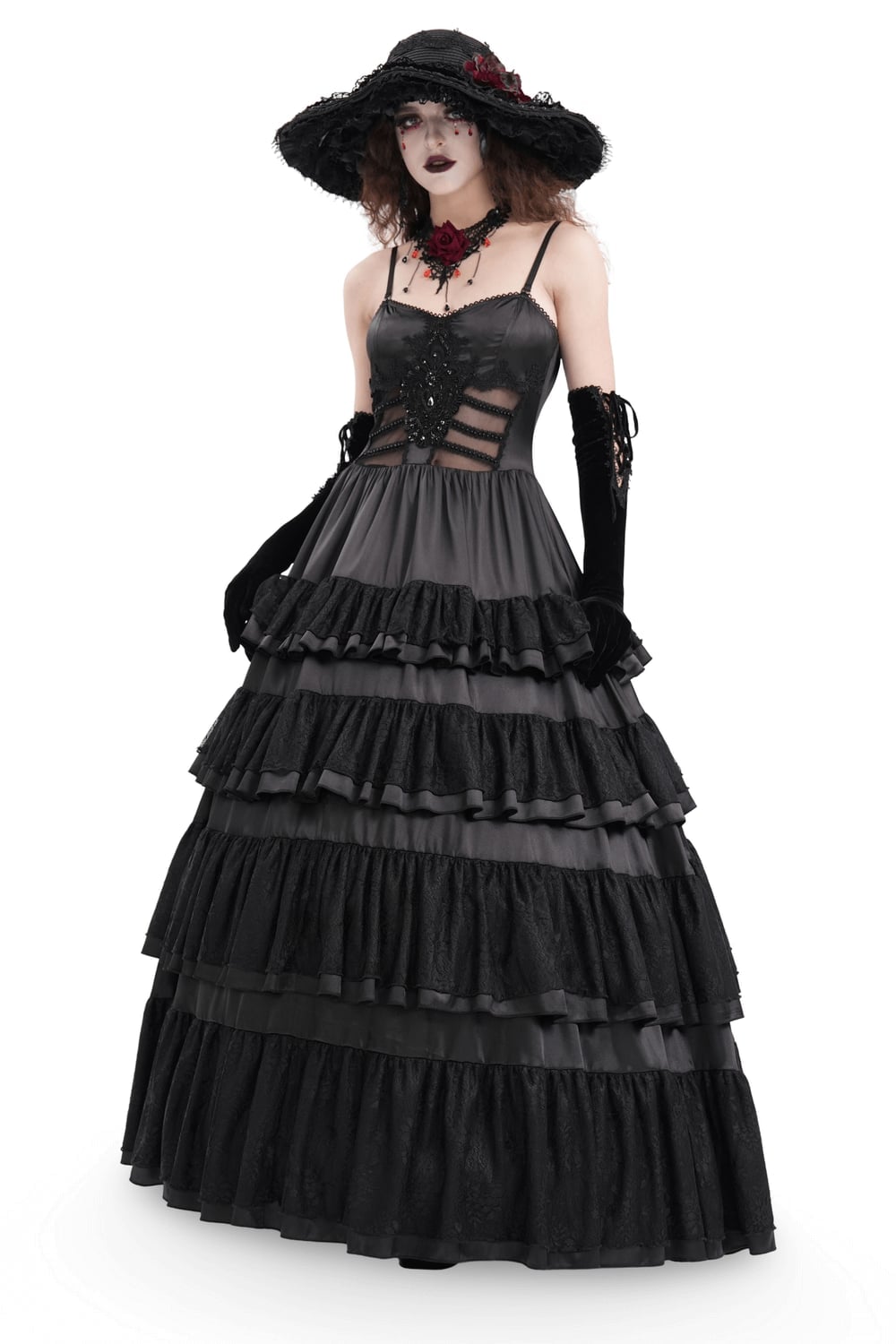 Black and Gray Tiered Ballgown with Corset Detail Black and Gray Tiered Ballgown with Corset Detail — Elegant Gothic Outfits