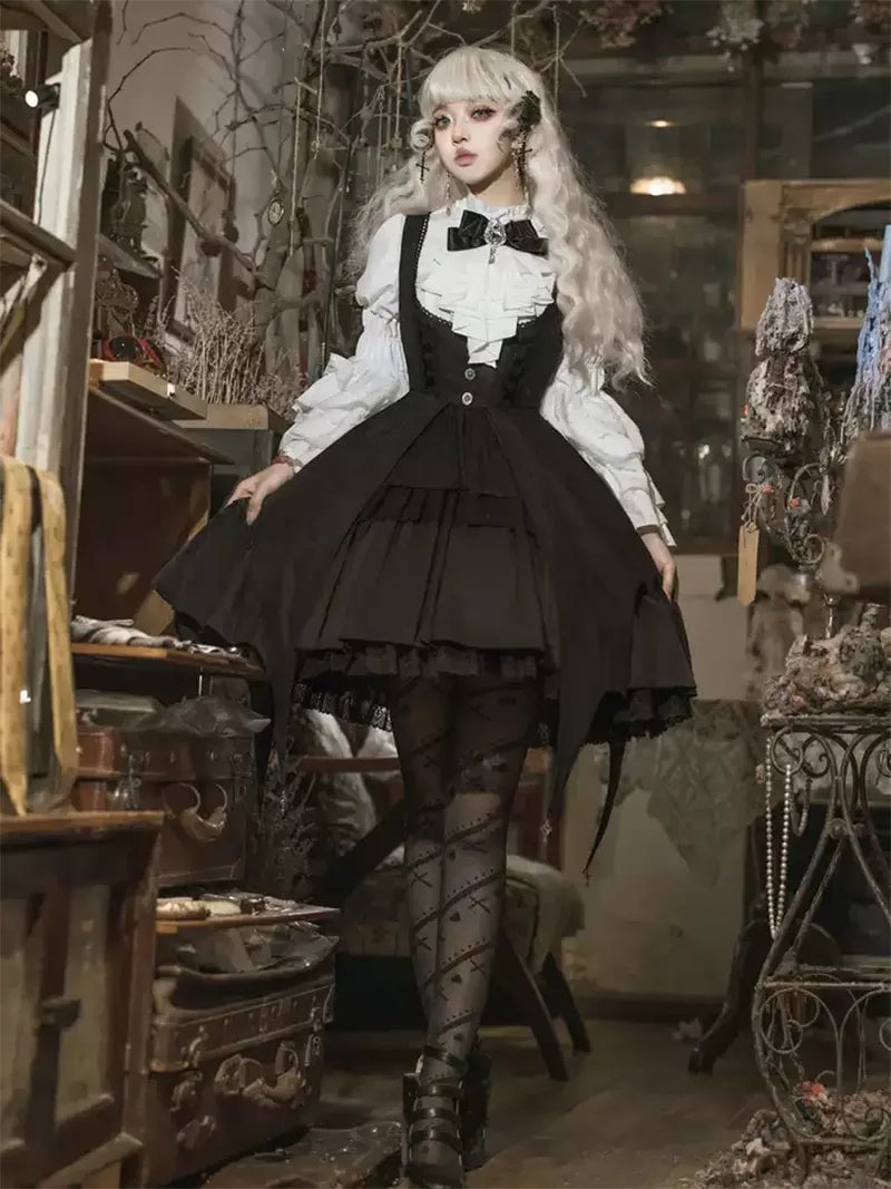 White Blouse and Black Pinafore Dress with Lace White Blouse and Black Pinafore Dress with Lace — Elegant Gothic Outfits