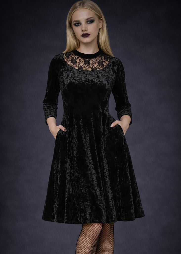 Black Velvet Fit-and-Flare Dress with Lace Neckline Black Velvet Fit-and-Flare Dress with Lace Neckline — Elegant Gothic Outfits