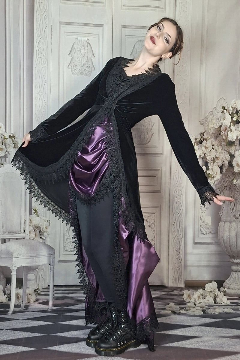 Black Velvet Coat with Lace Trim and Asymmetrical Hem Black Velvet Coat with Lace Trim and Asymmetrical Hem — Elegant Gothic Outfits