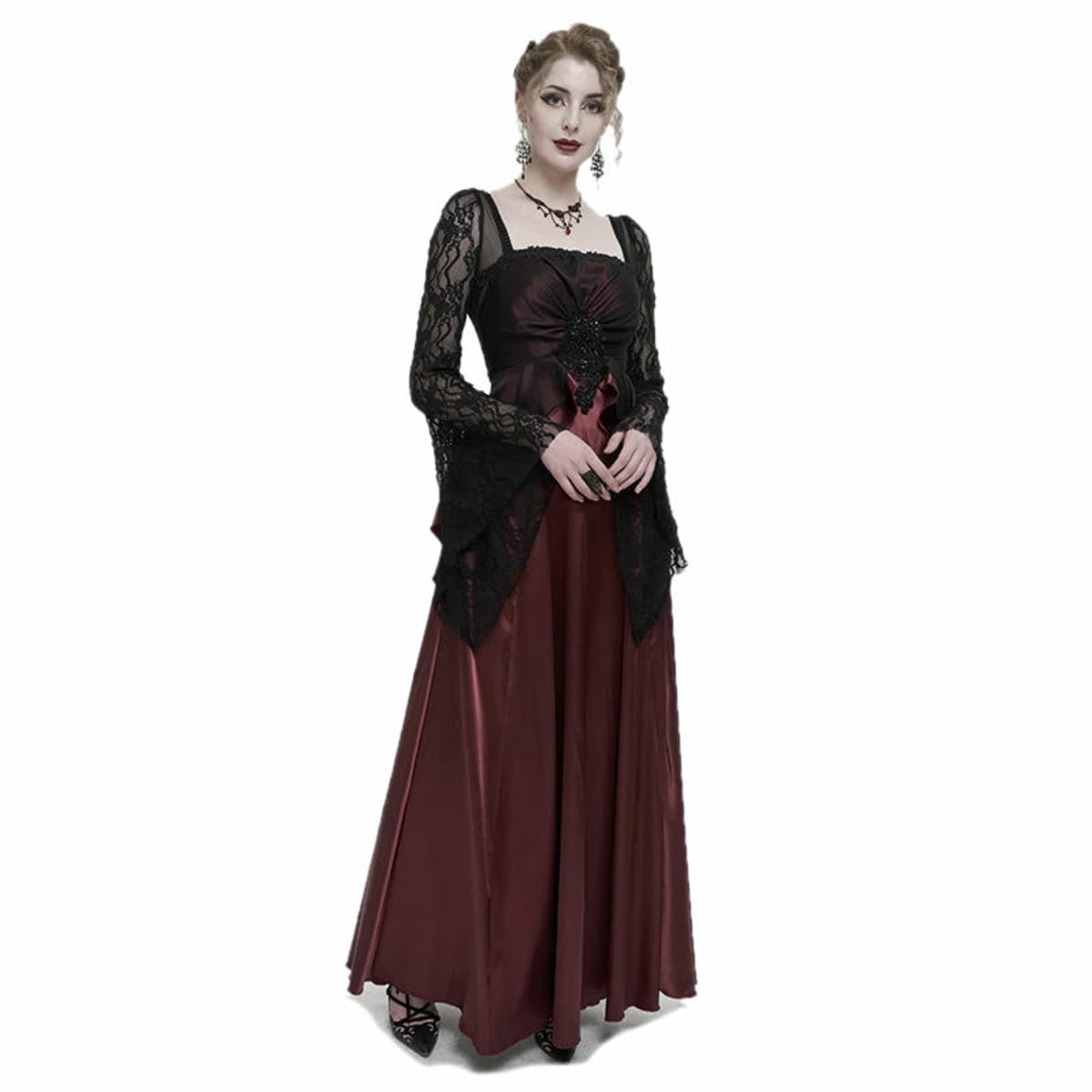 Black and Red Dress with Lace Sleeves and Flowing Skirt Black and Red Dress with Lace Sleeves and Flowing Skirt — Elegant Gothic Outfits