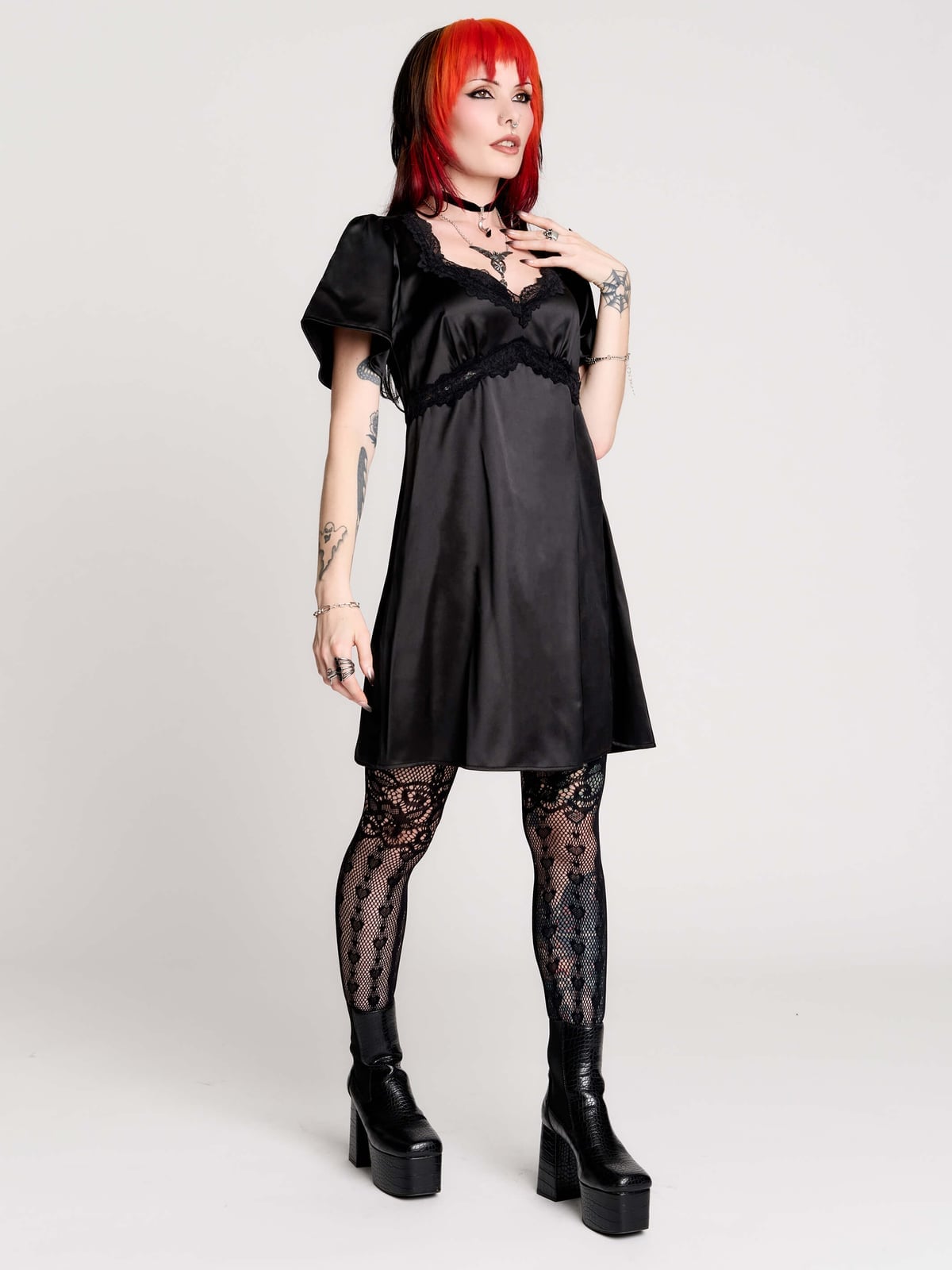 Black Satin Slip Dress with Lace Trim Black Satin Slip Dress with Lace Trim — Elegant Gothic Outfits