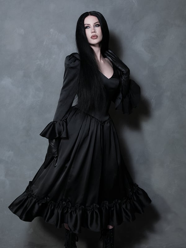 Black Satin Dress with Ruffled Hem and Voluminous Skirt Black Satin Dress with Ruffled Hem and Voluminous Skirt — Elegant Gothic Outfits