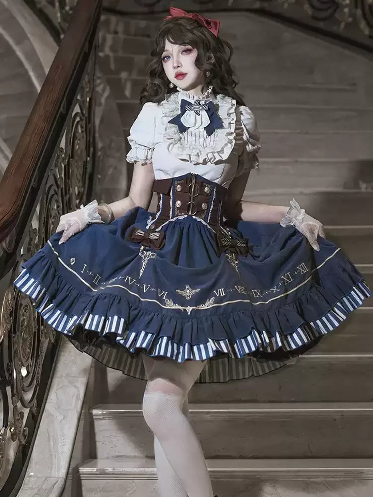 Blue and White Lolita Dress Set with Roman Numeral Print Blue and White Lolita Dress Set with Roman Numeral Print — Elegant Gothic Outfits