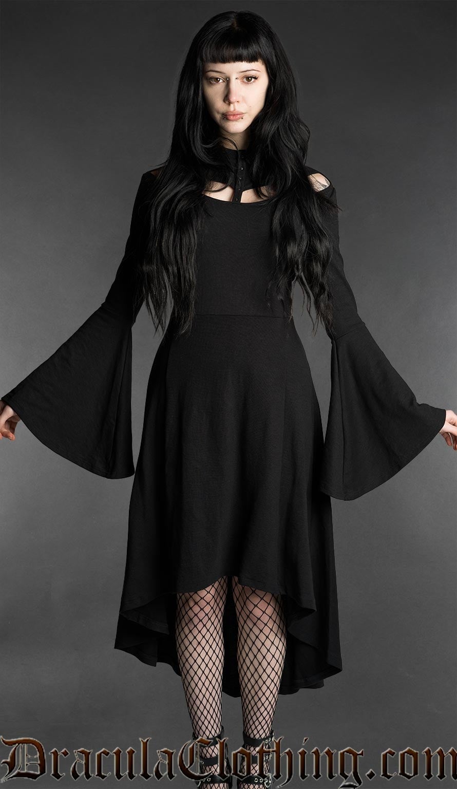 Black Jersey Mini Dress with Bell Sleeves and High-Low Hem Black Jersey Mini Dress with Bell Sleeves and High-Low Hem — Elegant Gothic Outfits