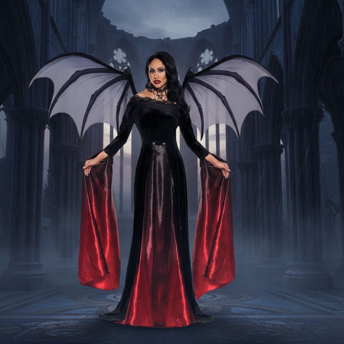 Black Velvet Dress with Red Draped Panels and Bat Wings Black Velvet Dress with Red Draped Panels and Bat Wings — Elegant Gothic Outfits
