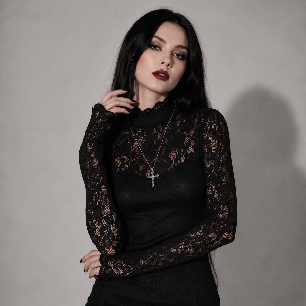 Fitted Black Lace Dress with High Neckline Fitted Black Lace Dress with High Neckline — Elegant Gothic Outfits
