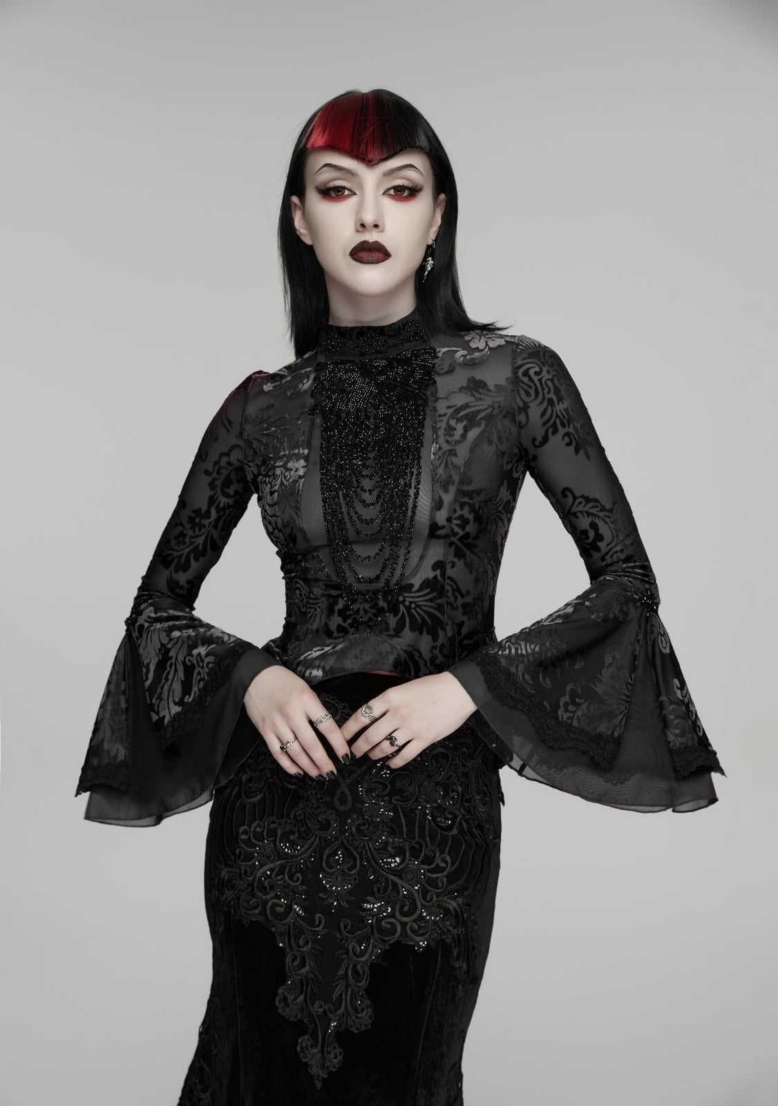 Sheer Beaded Mesh Top with Bell Sleeves Sheer Beaded Mesh Top with Bell Sleeves — Elegant Gothic Outfits