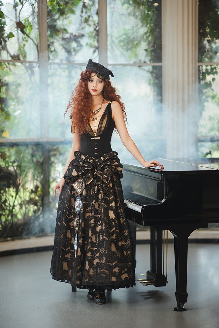Black Lace Dress with Decorative Bow and Ruffles Black Lace Dress with Decorative Bow and Ruffles — Elegant Gothic Outfits