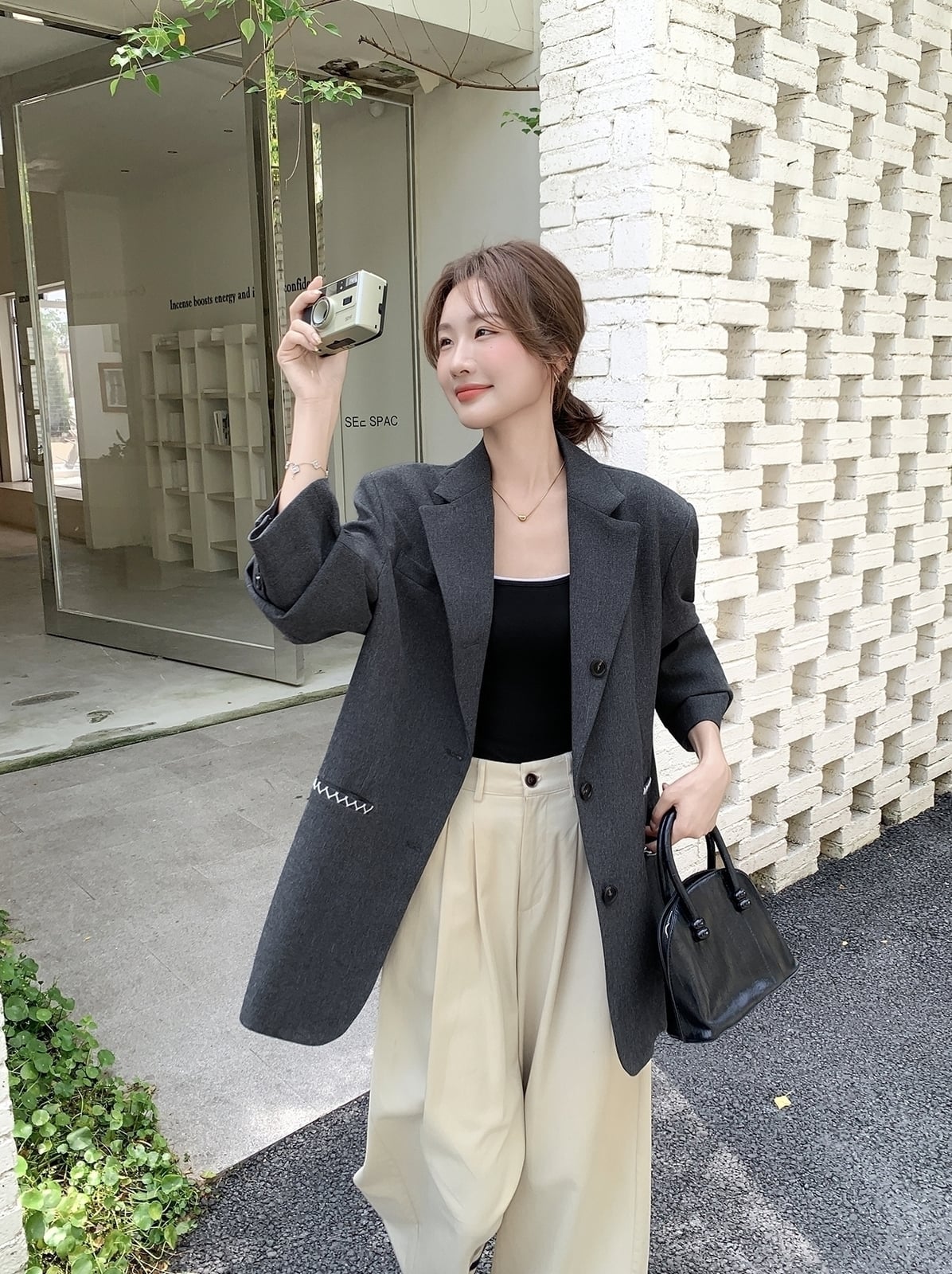 Gray Oversized Blazer With Beige Trousers — Elegant Korean Outfits