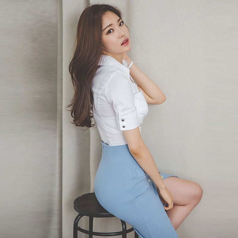 White Blouse With Blue Pencil Skirt — Elegant Korean Outfits