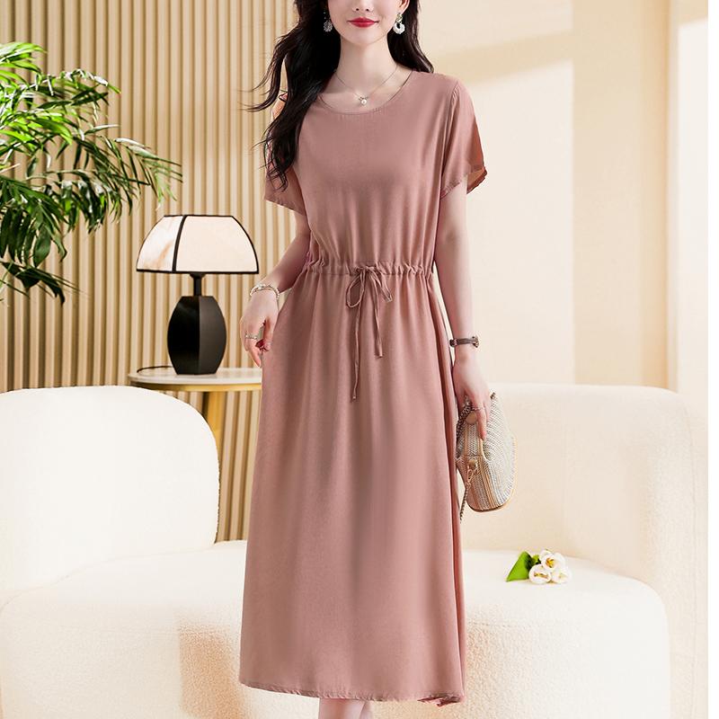 Pink A-Line Midi Dress With Drawstring Waist — Elegant Korean Outfits