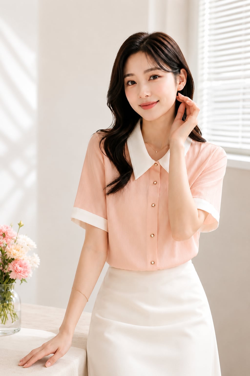 Peach Blouse With White Skirt and Gold Buttons — Elegant Korean Outfits