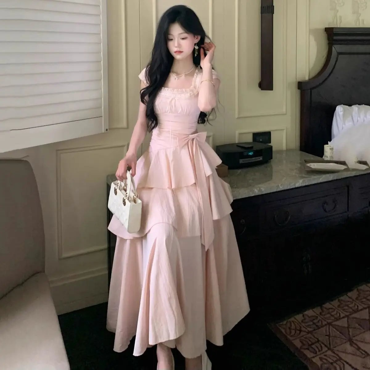 Pink Tiered Long Dress With Bow Detail — Elegant Korean Outfits