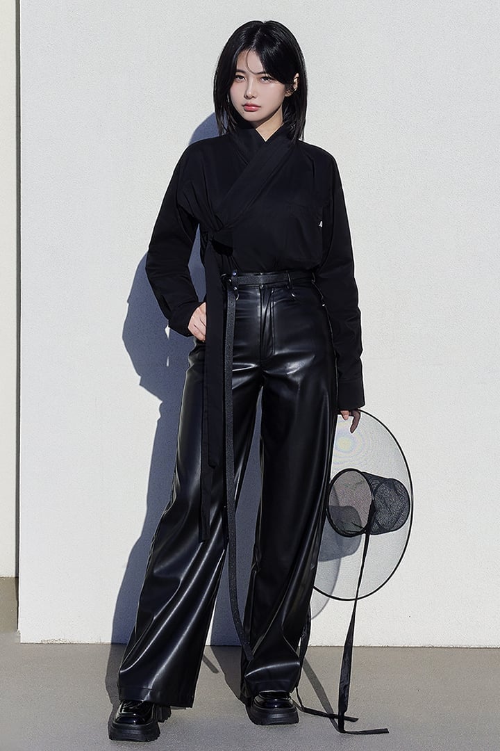 Black Hanbok Shirt With Leather Trousers — Elegant Korean Outfits