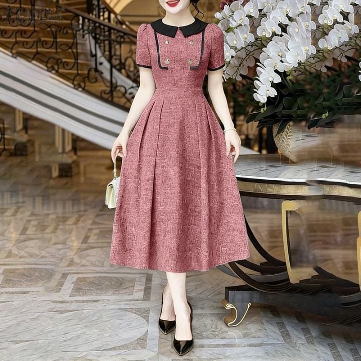 Pink Midi Dress With Peter Pan Collar — Elegant Korean Outfits