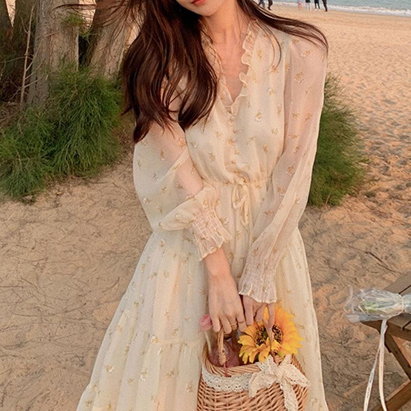 Cream Floral Chiffon Dress for Beach Day — Elegant Korean Outfits