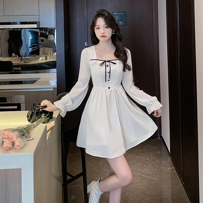 White Mini Dress With Ruffled Cuffs and Bow — Elegant Korean Outfits