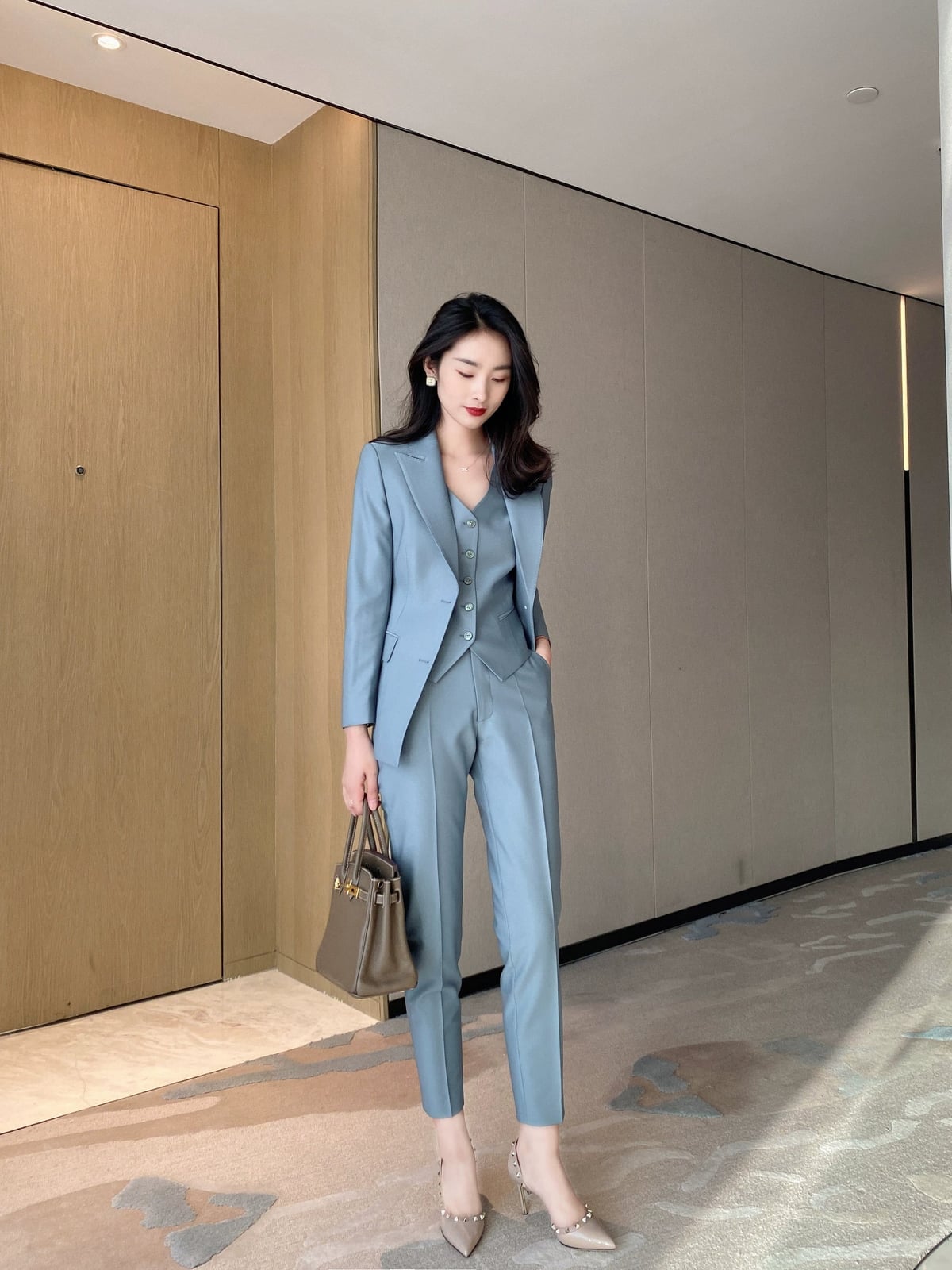 Light Blue Three-Piece Suit Ensemble — Elegant Korean Outfits