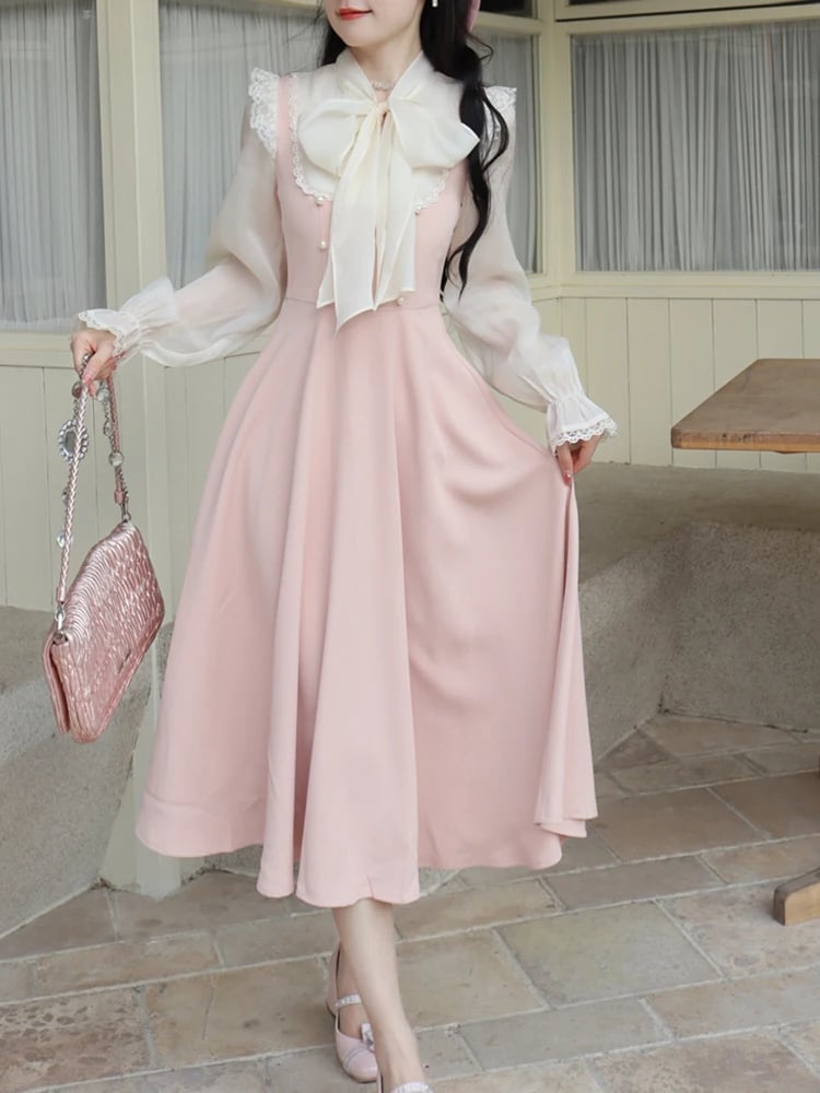 Pink Pinafore Dress Over Sheer Blouse — Elegant Korean Outfits