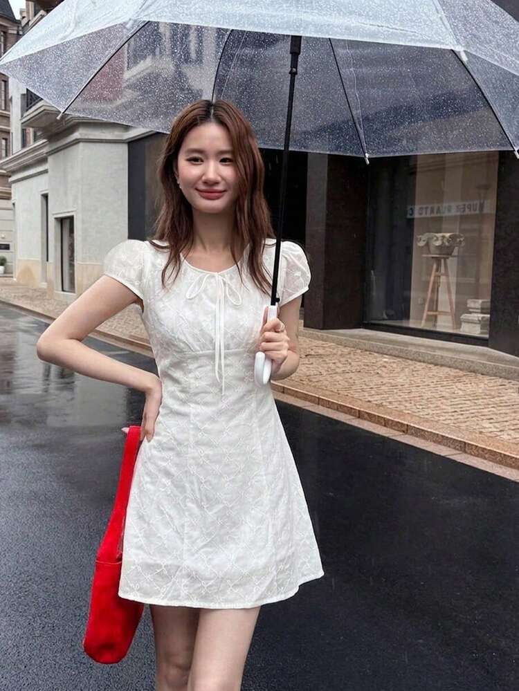 White Lace Dress With Red Bag — Elegant Korean Outfits