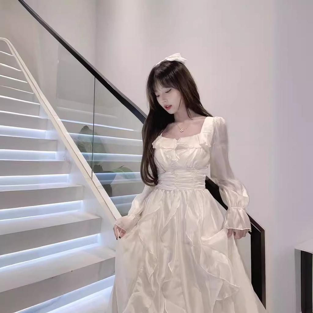 Ivory Organza Dress With Ruffled Skirt — Elegant Korean Outfits