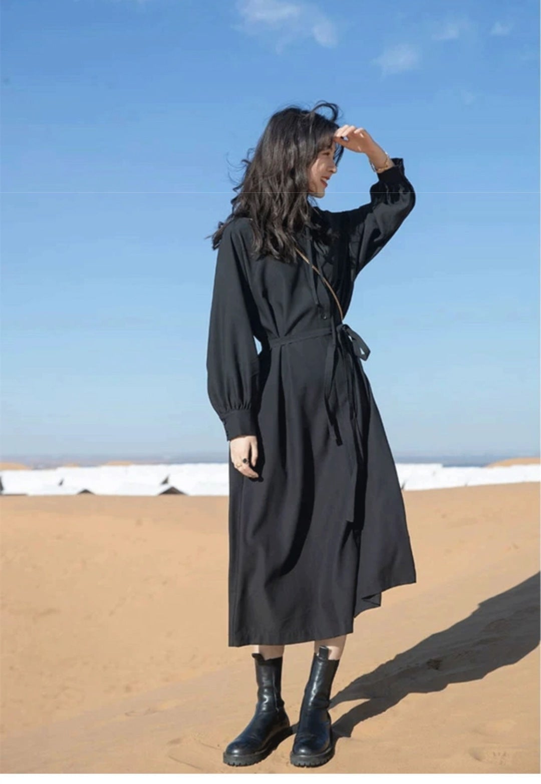 Black Belted Fit and Flare Dress — Elegant Korean Outfits