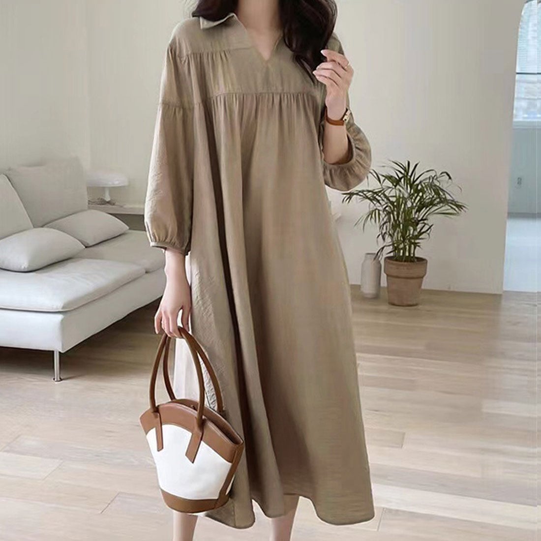 Beige Midi Shirt Dress With Gathered Sleeves — Elegant Korean Outfits