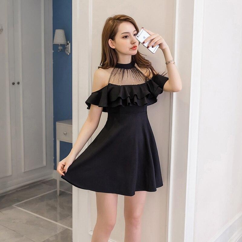 Black Off-Shoulder Dress With Ruffles — Elegant Korean Outfits