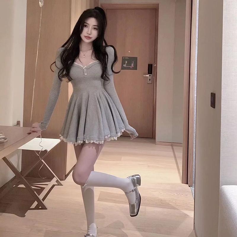 Gray Fit and Flare Dress With Lace Trim, A Woman Wears A Gray — Elegant Korean Outfits