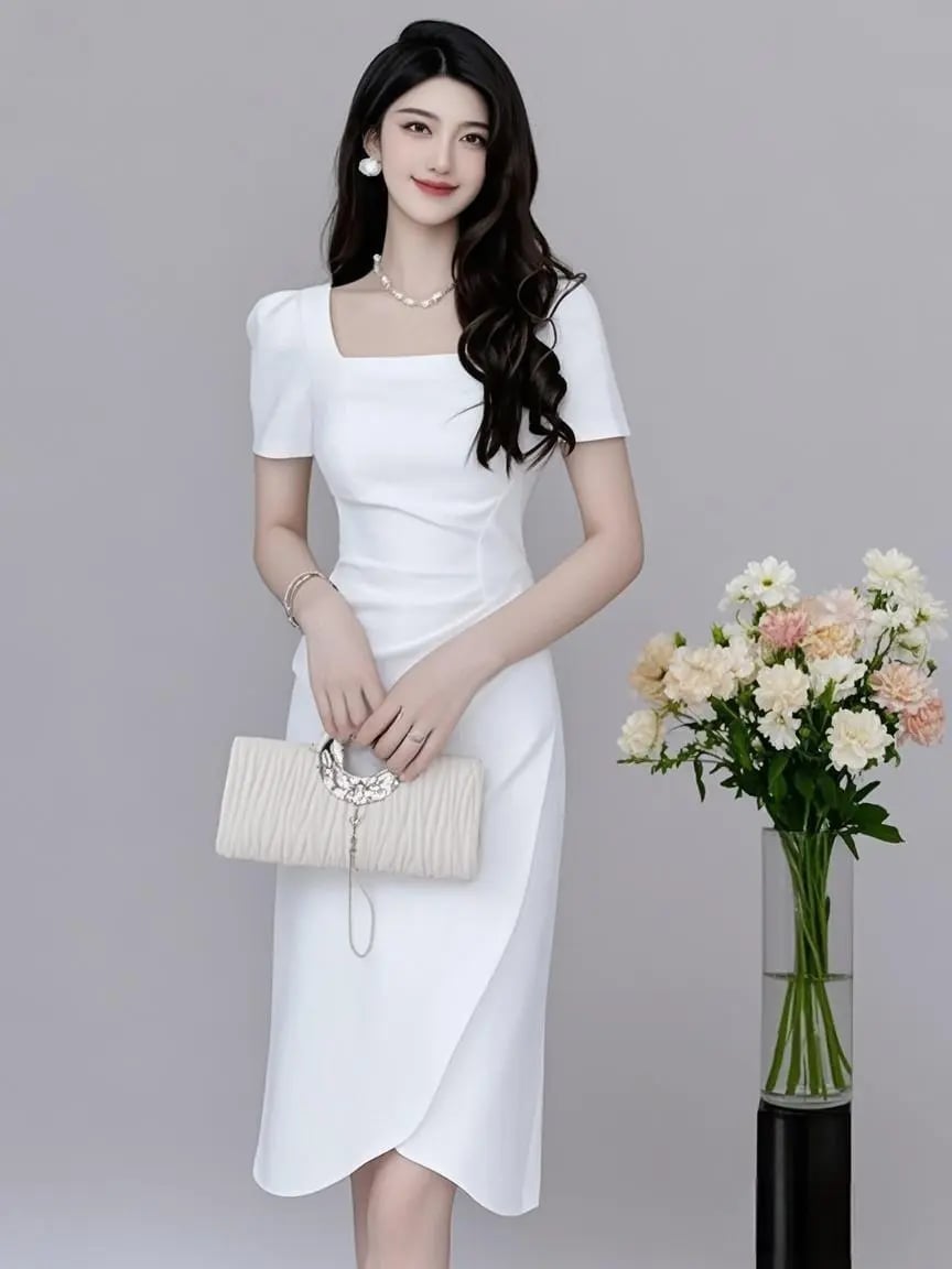 White Fitted Midi Dress for Evening — Elegant Korean Outfits