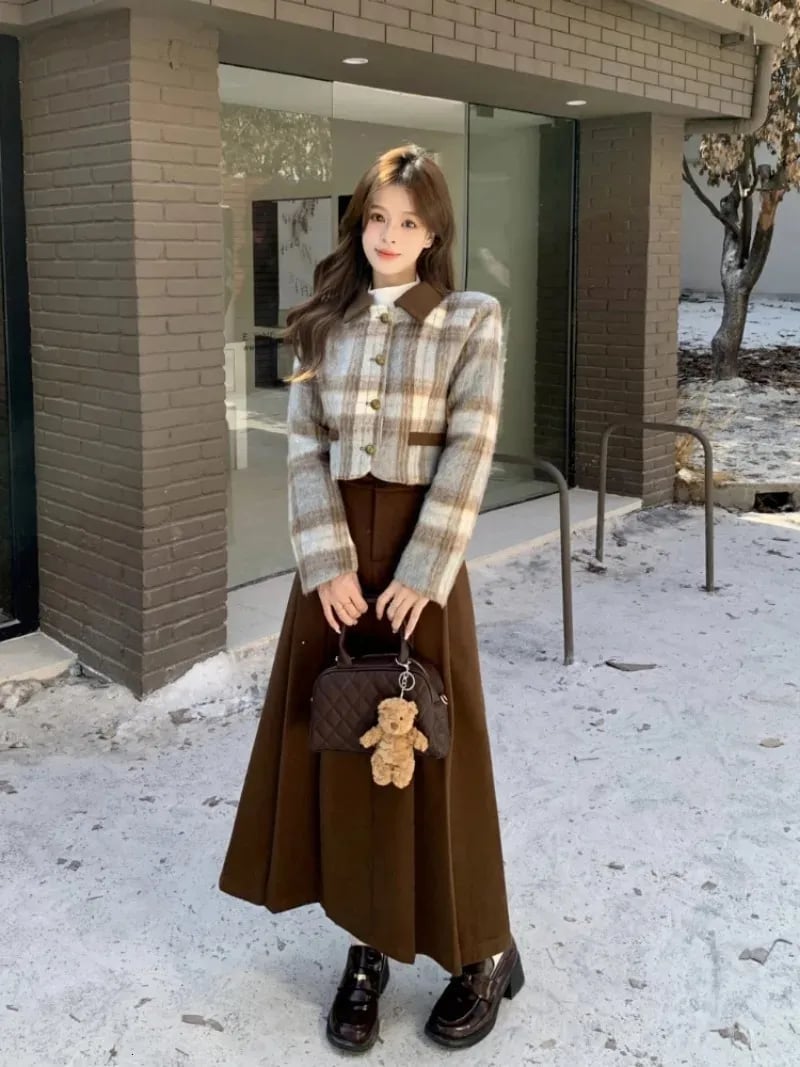 Brown A-Line Skirt With Plaid Jacket — Elegant Korean Outfits