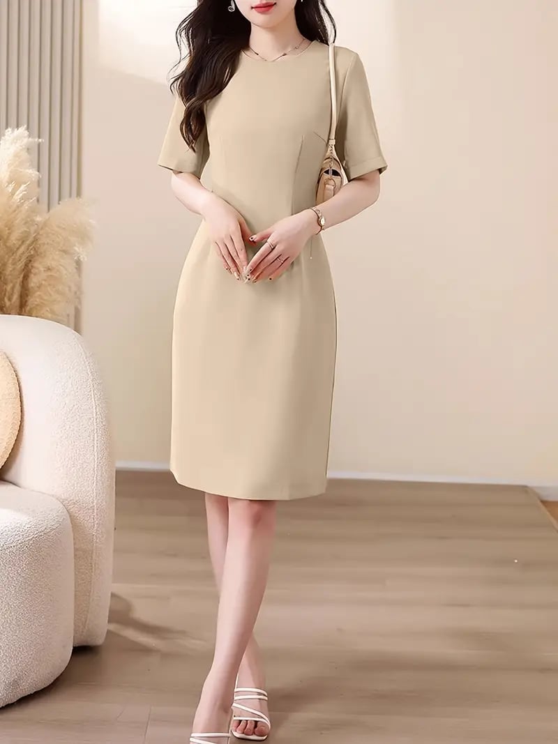 Beige Short Sleeve Midi Dress — Elegant Korean Outfits