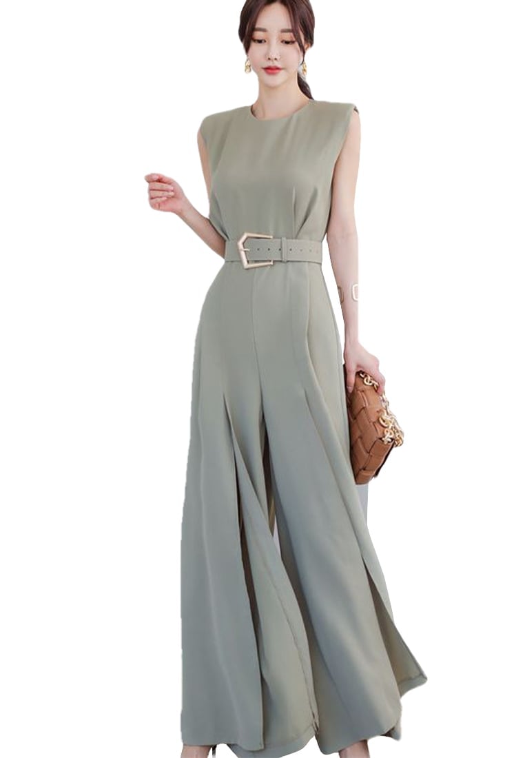 Sage Green Jumpsuit With Wide Legs — Elegant Korean Outfits