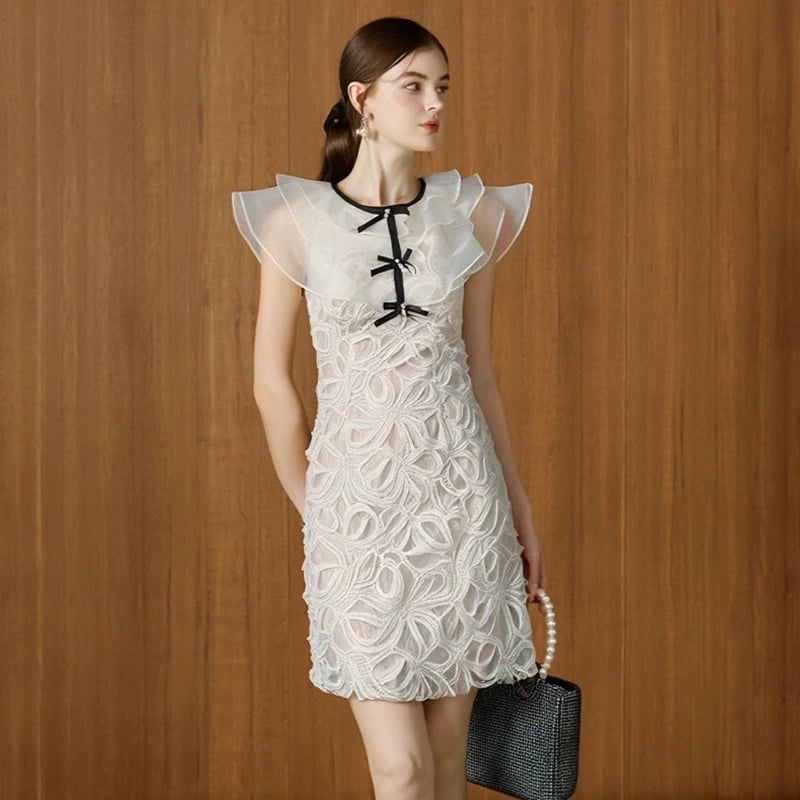 White Lace Mini Dress With Bows — Elegant Korean Outfits