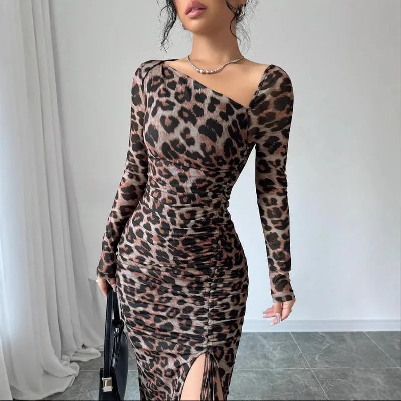 Bodycon Leopard Print Mesh Dress with Asymmetrical Neckline Bodycon Leopard Print Mesh Dress with Asymmetrical Neckline — Elegant Leopard Print Outfits